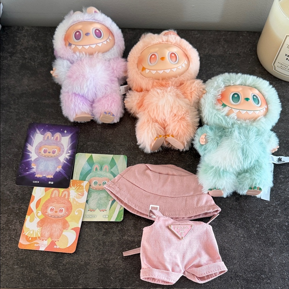 LABUBU LIKE NEW Doll Outfit Set with Mint, Peach & Lavender Plush Dolls